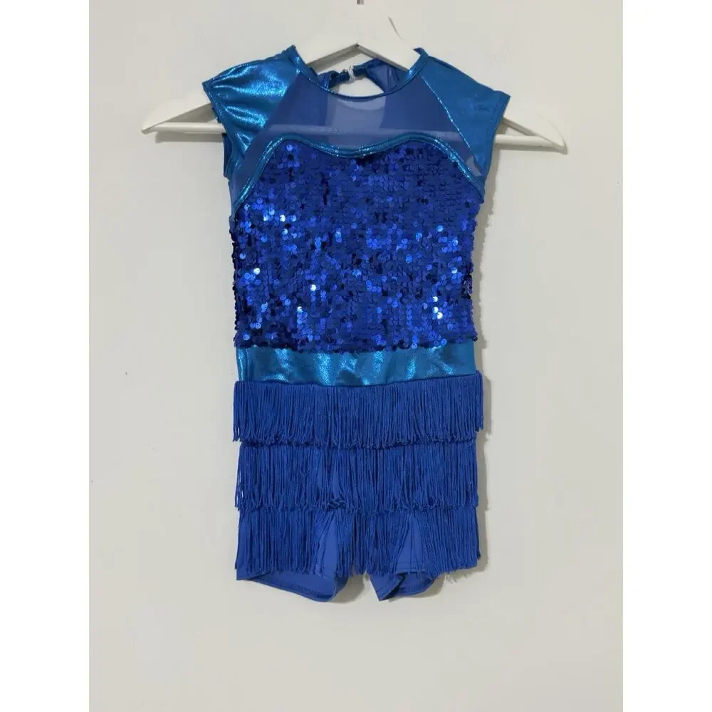 Weissman Child IC 7/8 Blue Jazz Dance Costume Sequins And Fringe